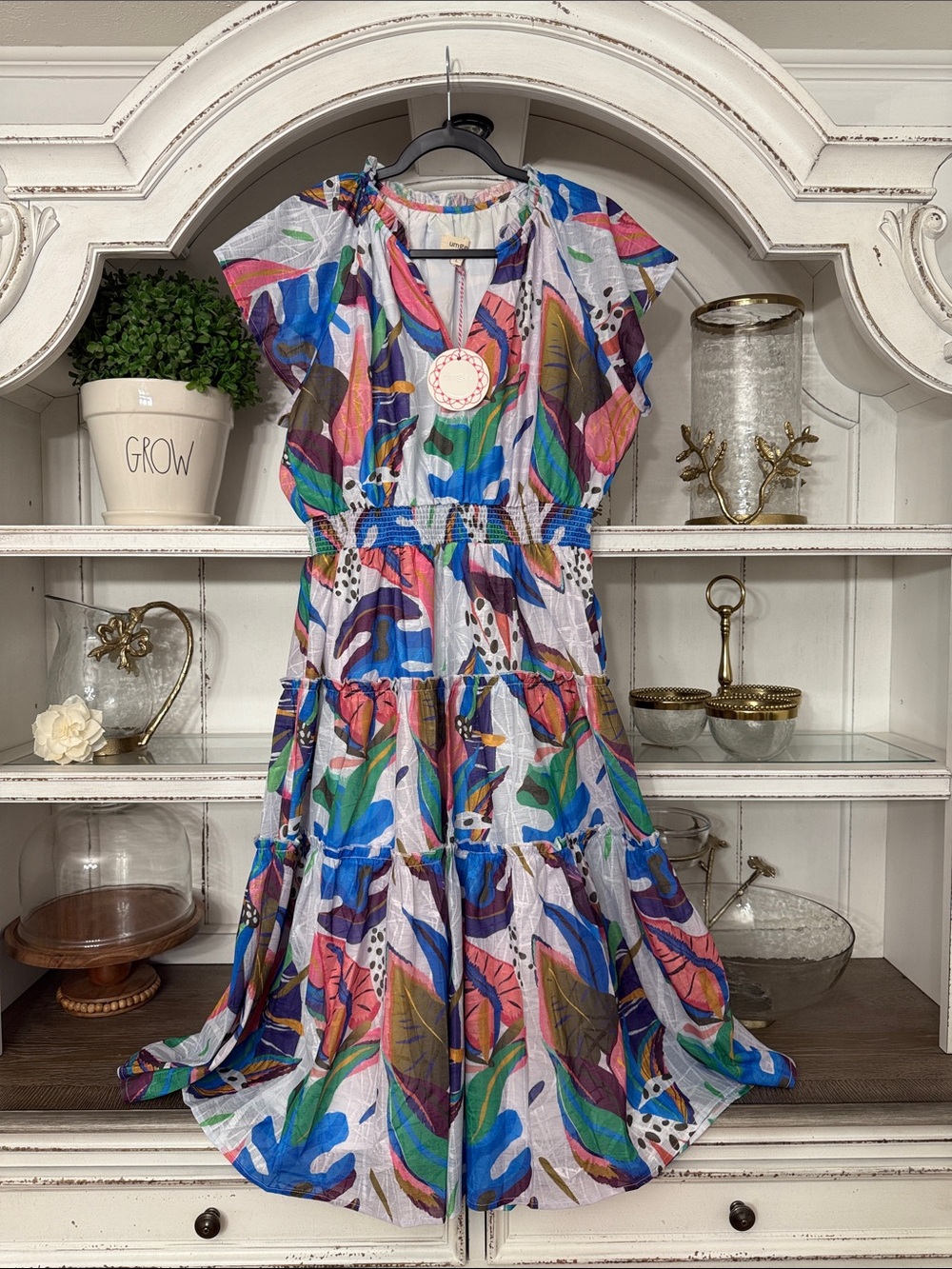 Umgee Multicolor Leaf-Print Tiered Maxi Dress - Blue Pink Green